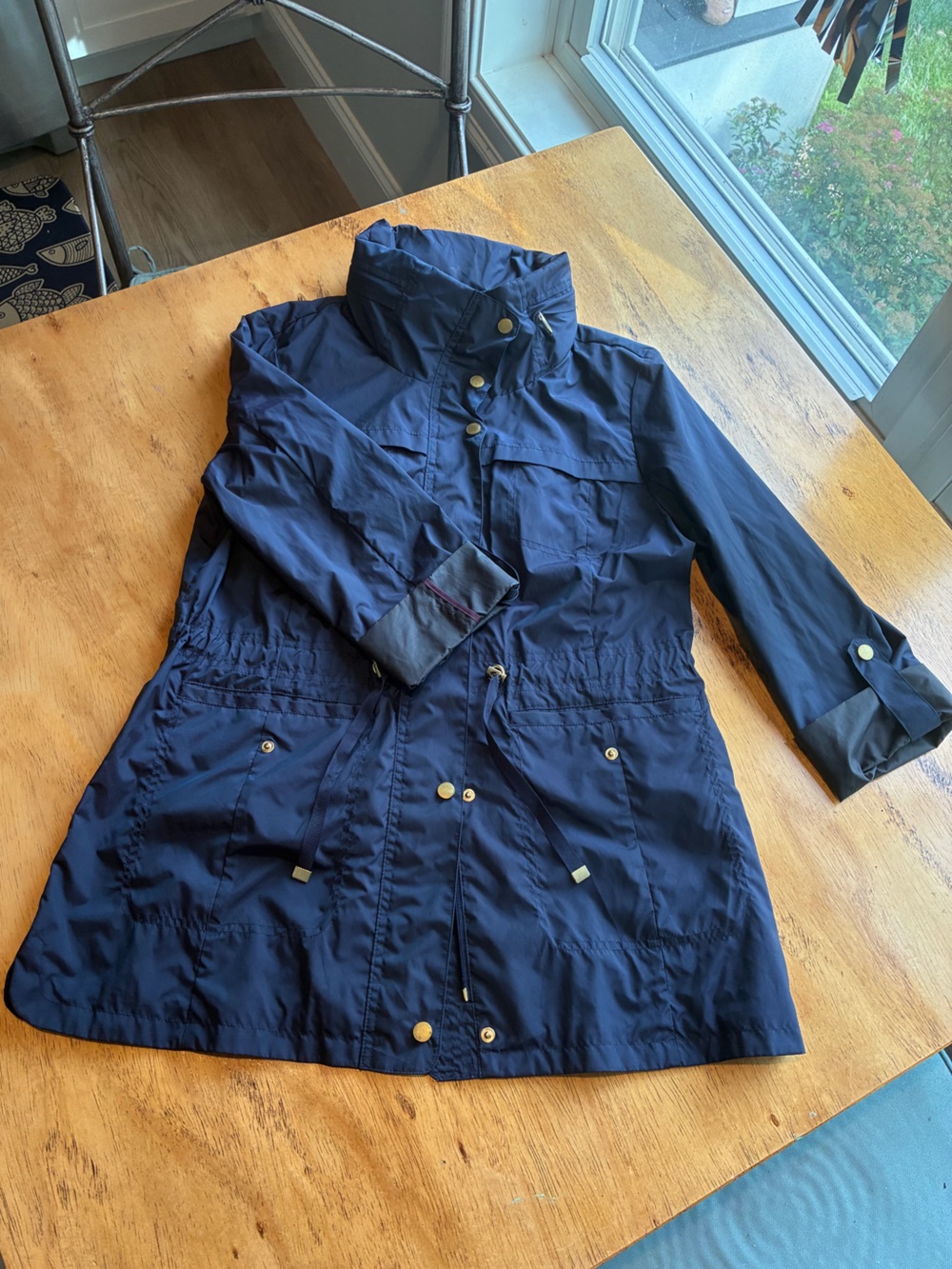 Cole Haan Navy Women’s Raincoat with Hood and brushed gold accents
